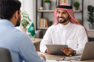 Saudi school administrator interviewing a Pakistani teacher in a modern office setting, representing the concept to hire teachers from Pakistan.