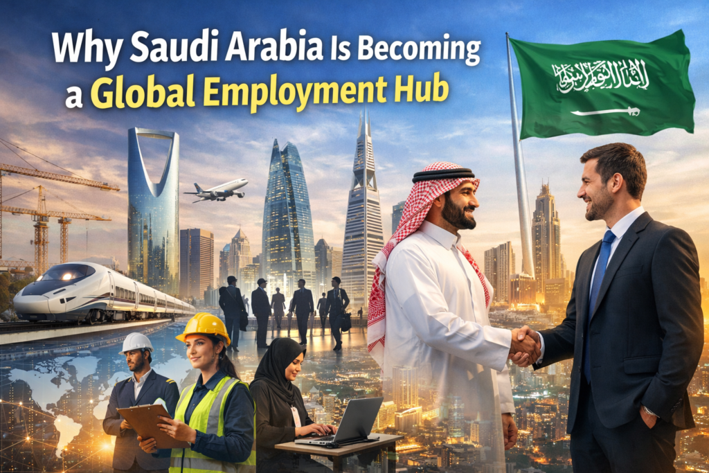 Saudi Arabia becoming a global employment hub with business handshake, Riyadh skyline, high-speed train, airplane, and diverse professionals symbolizing jobs and economic growth.