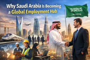 Saudi Arabia becoming a global employment hub with business handshake, Riyadh skyline, high-speed train, airplane, and diverse professionals symbolizing jobs and economic growth.