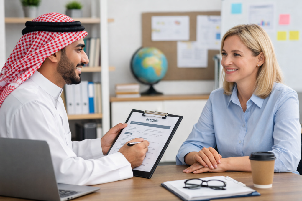 International Teacher Recruitment interview in a Saudi school office with recruiter and teacher