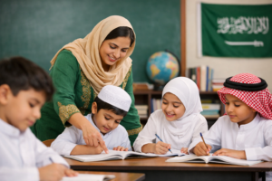 Pakistani teacher teaching students in a Saudi Arabian international school classroom